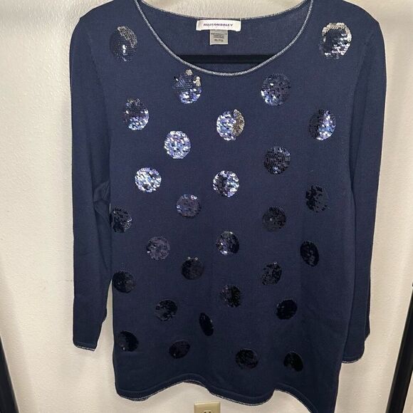 Allison Daley Navy Polka Dot Sequin Pullover Sweater Sz XL NWOT - Picture 2 of 4